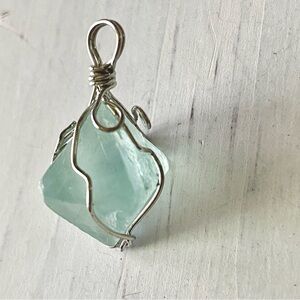 Jadeite handmade silvertone wire pendant, pre-owned raw gemstone artisan